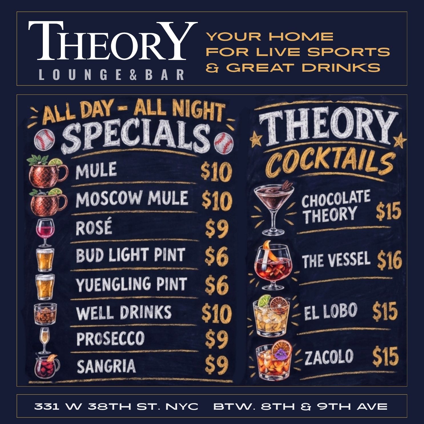 Theory Lounge & Bar flyer featuring live sports, all-day and all-night drink specials, and signature cocktails in New York City.